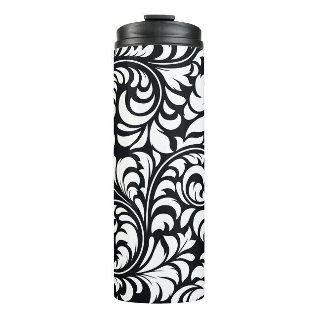 Termo Tumbler térmico de impresión floral blanco y negro (Anverso)