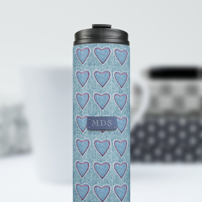 Termo Tumbler térmico de parachoques de denim azul lindo (A cute blue denim heart pattern thermal tumbler with space for your initials)