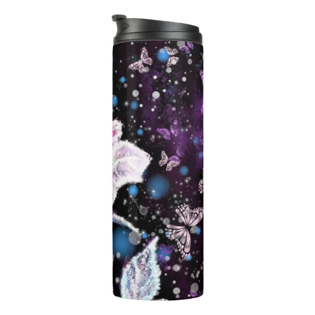 Termo Tumbler térmico de Rosa de invierno y mariposas (Rotado hacia la derecha)