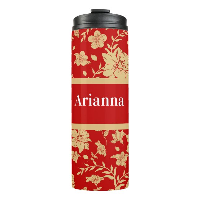 Termo Tumbler térmico floral de oro rojo personalizado (Anverso)