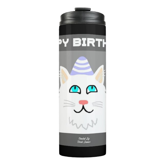 Termo Tumblor térmico de gato blanco fluffy Cumpleaños (Anverso)