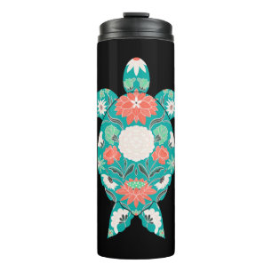 Termo Turquesa De Mar Floral Y Paleta Rosa De Coral