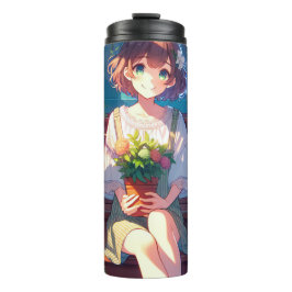 Termo Un Chica de anime lindo sostiene una planta