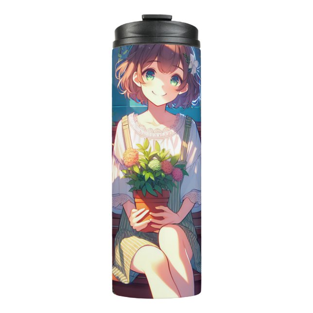 Termo Un Chica de anime lindo sostiene una planta (Anverso)