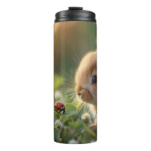 Un conejo lindo y una mariquita en el campo verde