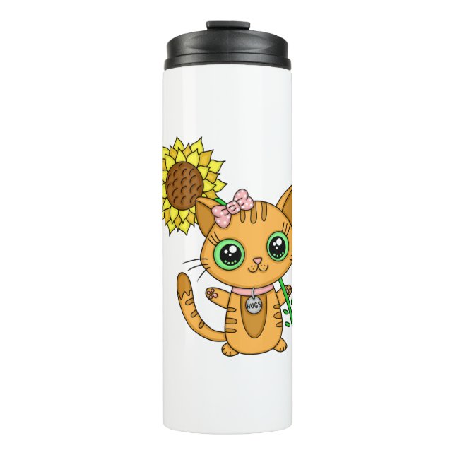 Termo Un gato Naranja kawaii con girasol (Anverso)