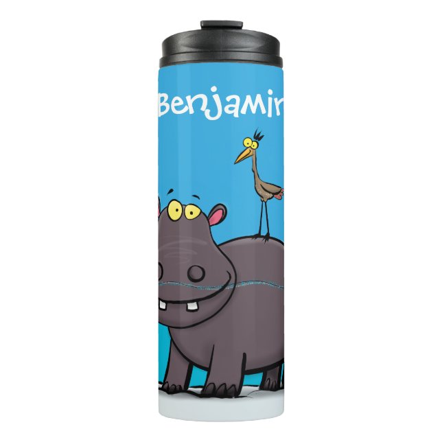 Termo Un gracioso hipopótamo con personalizado de pájaro (Anverso)
