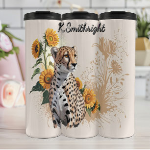 Termo Un guepardo y girasoles en acuarela