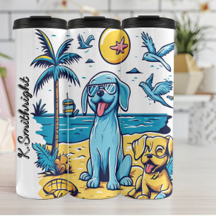 Termo Un perro azul en la playa