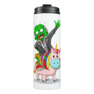 Termo Un zombi verde monta una unicornio rosa para