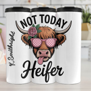 Termo Una vaca de Highland con gafas de sol rosas