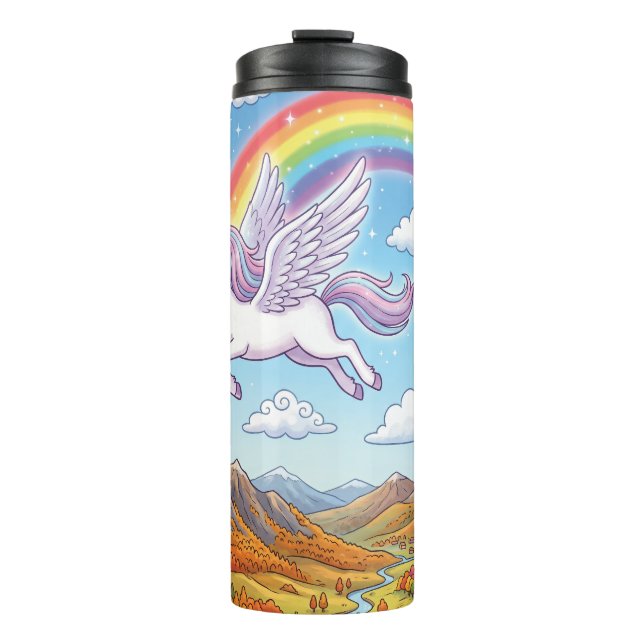 Termo Unicornio volador de dibujos animados con arcoíris (Anverso)