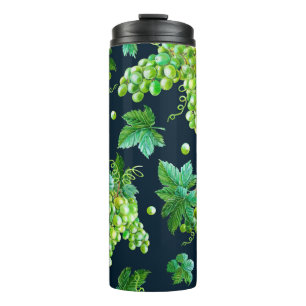 Termo Uva verde acuarela, hojas sobre fondo oscuro.