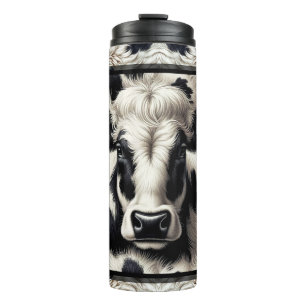 Termo Vaca de cuero negro y blanco con aspecto peludo