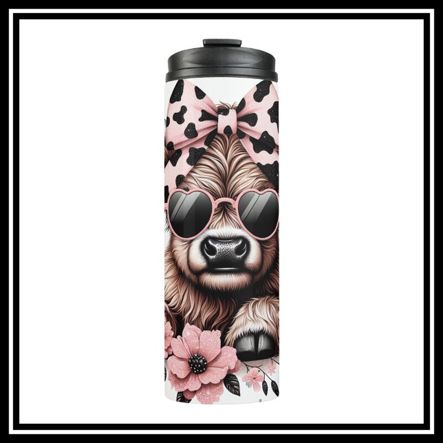 Termo Vaca de montaña negra y rosa (Cute Highland Cow Travel Tumbler With Pink And Black Bow And Sunshades)