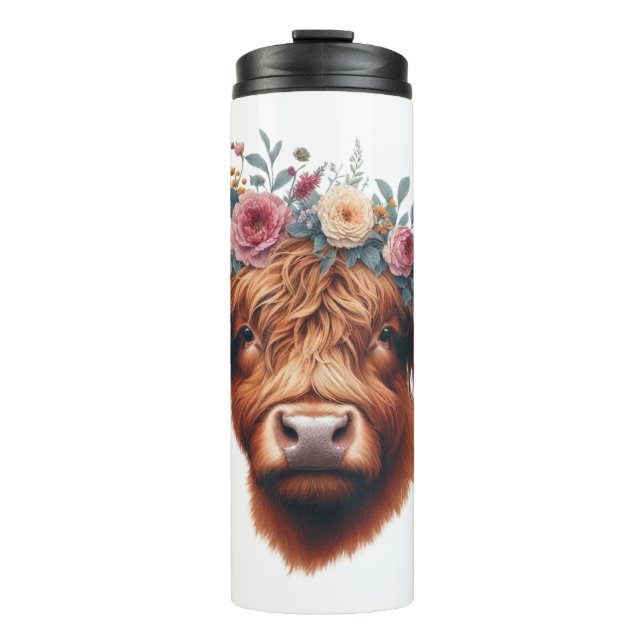 Termo Vaca de tierras altas, con flores y primavera (Anverso)