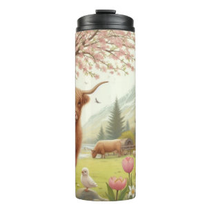 Termo Vaca de tierras altas, con flores y primavera