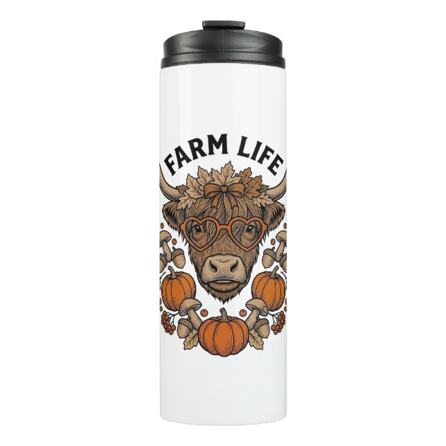 Termo Vaca Highland de Otoño con Gafas de Corazón (Anverso)