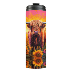 Termo Vaca Highland en girasoles al amanecer
