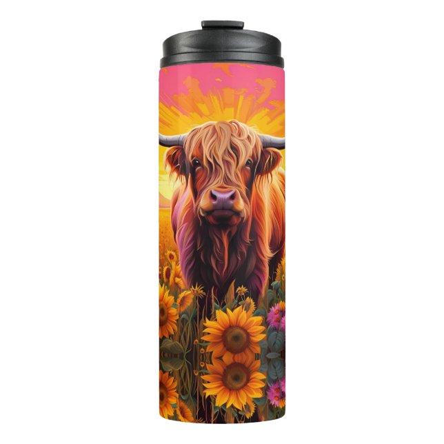 Termo Vaca Highland en girasoles al amanecer (Anverso)