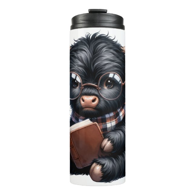 Termo Vaca Negra de las Tierras Altas Leyendo un Libro (Anverso)