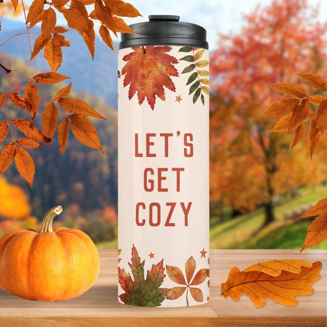 Termo "Vamos a ponernos cómodos", hojas de otoño ("Let's Get Cozy" Autumn Fall Leaves Thermal Tumbler)
