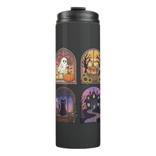 Termo Ventana Gótica de Halloween Fantasma Calabaza Gato