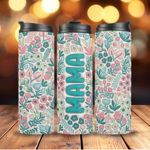 Termo Verde azulado Boho Rosa Flores 3D Inflada Mamá