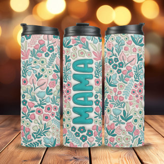 Termo Verde azulado Boho Rosa Flores 3D Inflada Mamá