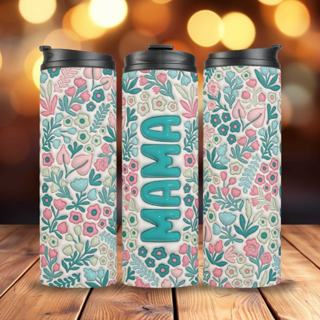 Termo Verde azulado Boho Rosa Flores 3D Inflada Mamá (Teal Pink Boho Flowers Mama Thermal Tumbler)