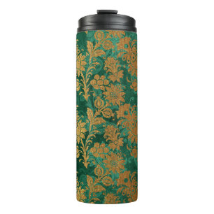 Termo Verde Esmeralda y Dorado Damask Floral Vintage