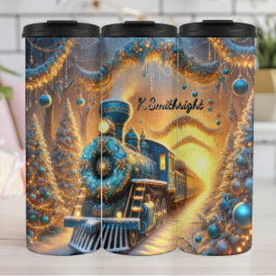 Termo Viaje en tren festivo azul ornamentado