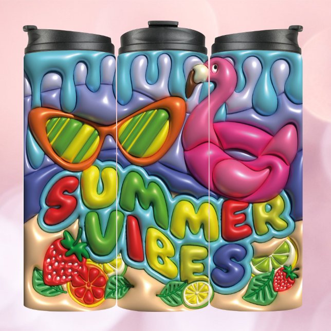 Termo Vibes de verano Frutos y Flamingo inflados 3d (Subido por el creador)