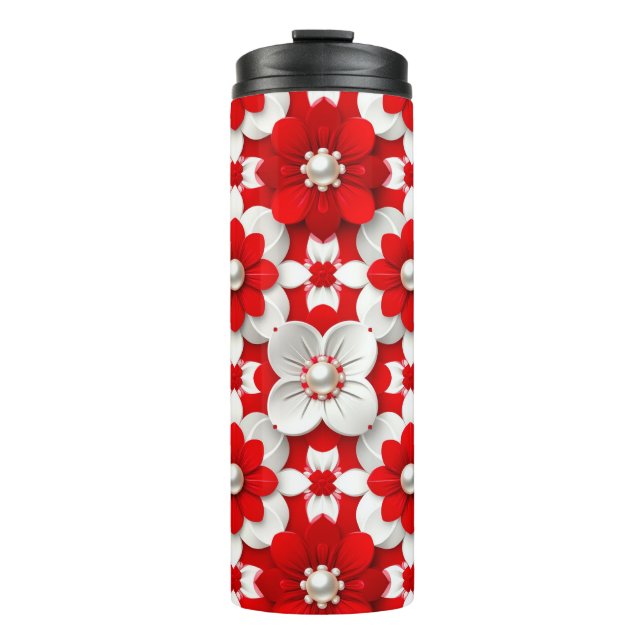 Termo Vibrant Red And White Floral Pattern With Pearl (Anverso)