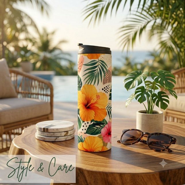 Termo Vibrante Estampado Floral de Hibisco Tropical sin  (Vibrant Tropical Hibiscus Floral Seamless Patter Thermal Tumbler)