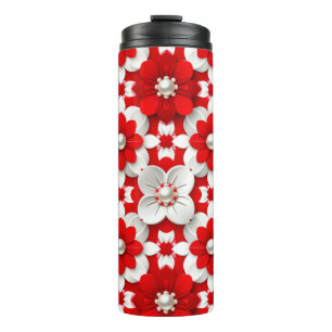 Termo Vibrante patrón floral rojo y blanco con perla