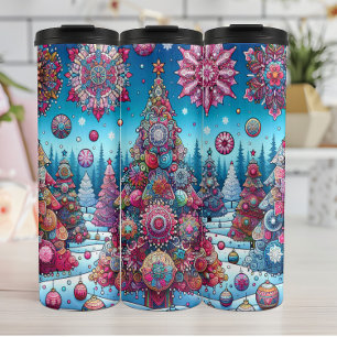 Termo Vibrantes árboles de Navidad en nieve