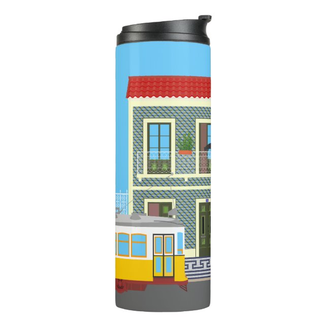 Termo Vieja casa de Lisboa con gatos y tranvía amarillo (Rotado hacia la izquierda)