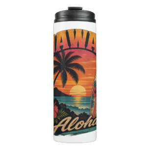 Termo Vintage Hawaiian Sunset Palms Surfboard Aloha