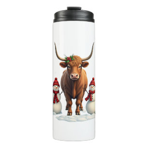 Termo Vintage Navidad Vaca Highland con Muñecos de Nieve