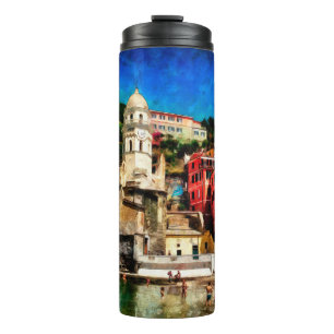 Termo Vista de Vernazza, Italia. Cono de pintura acuarel