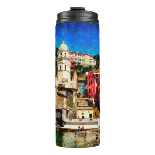 Termo Vista de Vernazza, Italia. Cono de pintura acuarel (Anverso)