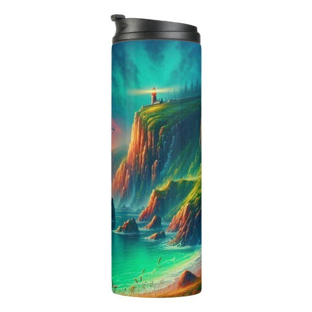 Termo Vivid Fiery Digital Coastal Sunset Lighthouse (Rotado hacia la derecha)