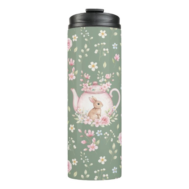 Termo Whimsical Bunny Teapot Floral Spring  (Anverso)