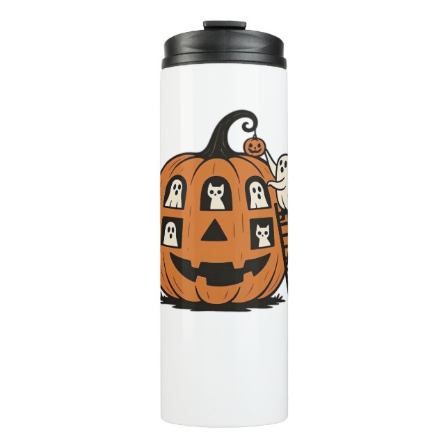 Termo Whimsical Spooky Pumpkin with Ghosts, Cats & Hallo (Anverso)