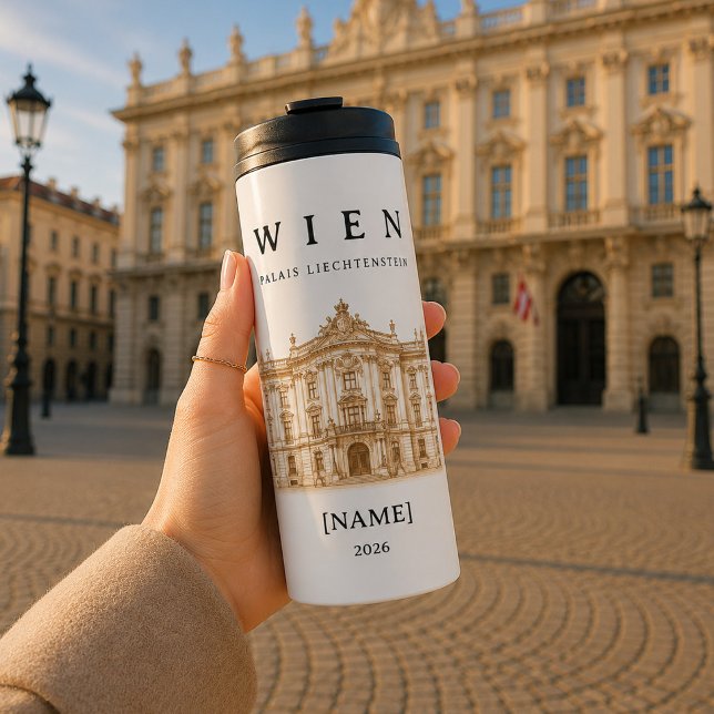Termo Wien Palais Liechtenstein | Name & Jahr (Wien Palais Liechtenstein Thermobecher – personalisierbar im eleganten Vintage-Stil.)