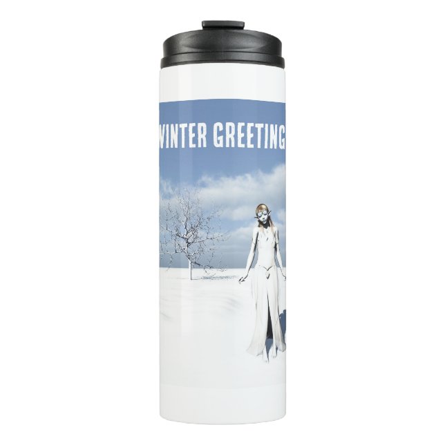 Termo Winter Greetings. Female elf walking in the snow  (Anverso)