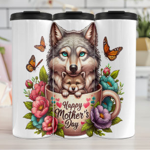 Termo Wolf Mom: Perlas, flores, Día de la Madre