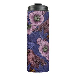 Termo Wren y hellebore, violeta y rosa