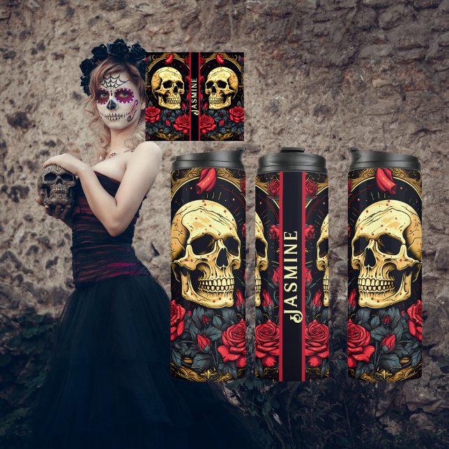 Termo Yoga de Halloween con cráneo gótico de Roses rojos (Gothic Tattoo Designed Skull and Roses Halloween Thermal Tumbler. )